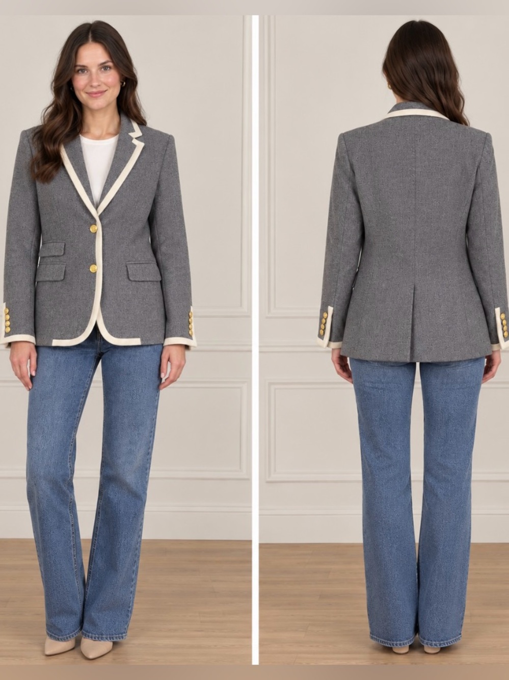 J.Crew Blazer Jacket 100% Wool Grey Contrast Trim Luxury Gold Buttons Size 4
